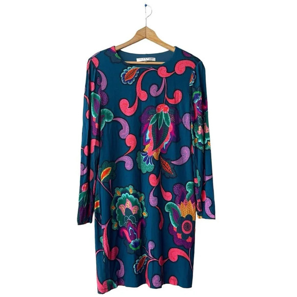 Trina Turk Camellia Shift Dress Women’s Size M Paisley Teal Long Sleeve Knit - Picture 1 of 3